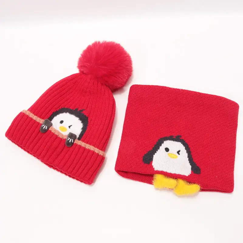 Cartoon Penguin Kidsren's Knitted Hat Winter New Kidsren's Hat Baby Warm Scarf Set Baby Woolen Hat