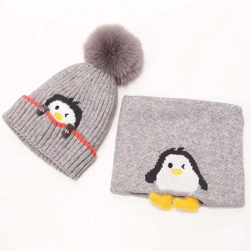 Cartoon Penguin Kidsren's Knitted Hat Winter New Kidsren's Hat Baby Warm Scarf Set Baby Woolen Hat