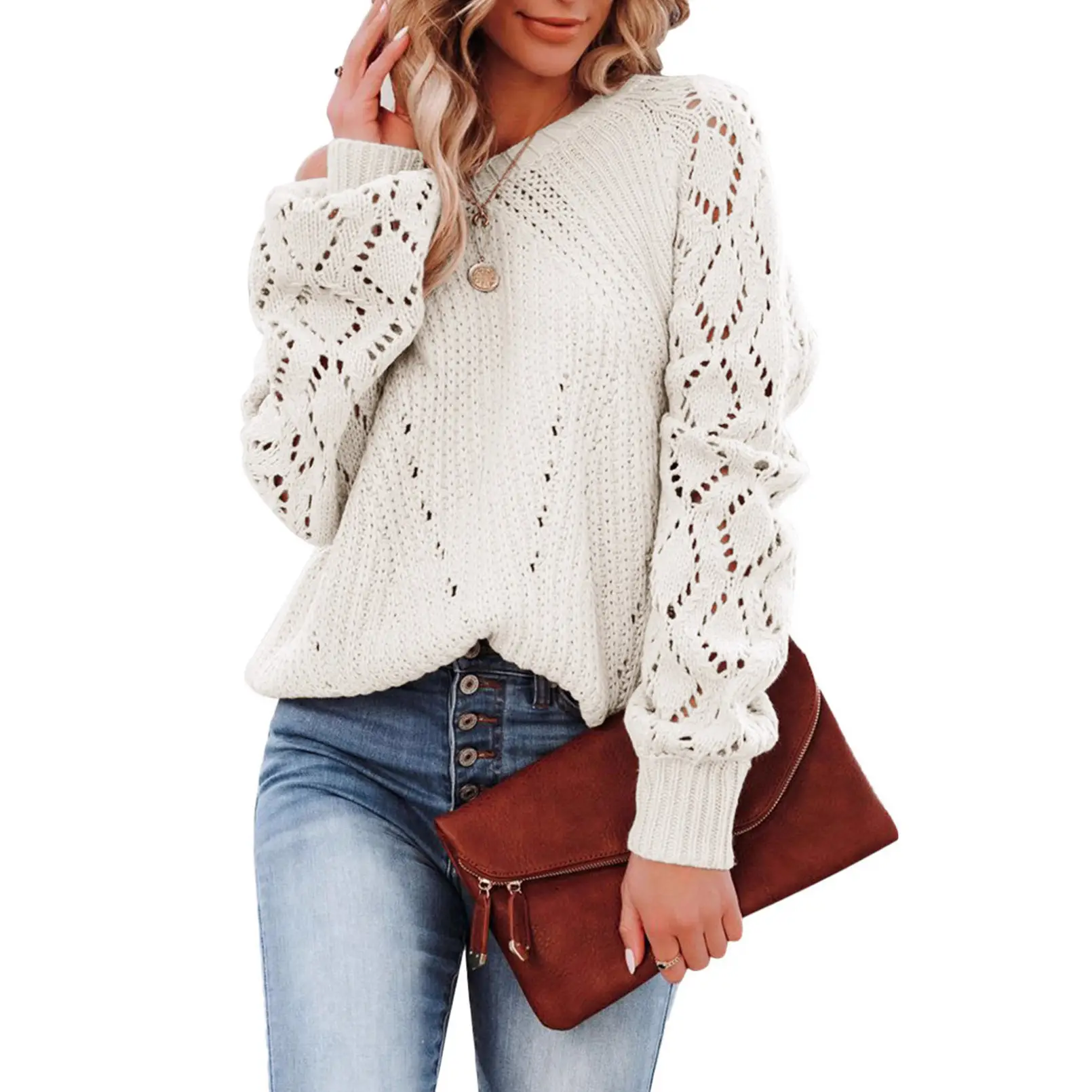 Women's 2023 White Knitted Loose Sweater with Hollow Pattern - Image 6