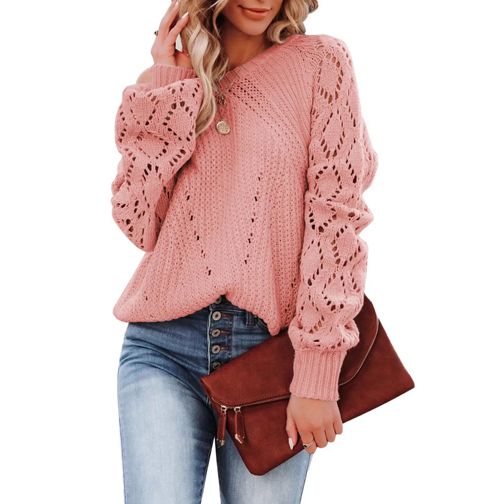 Women's 2023 White Knitted Loose Sweater with Hollow Pattern - Image 7