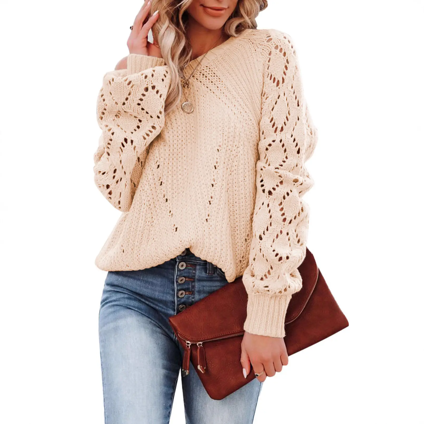 Women's 2023 White Knitted Loose Sweater with Hollow Pattern - Image 8