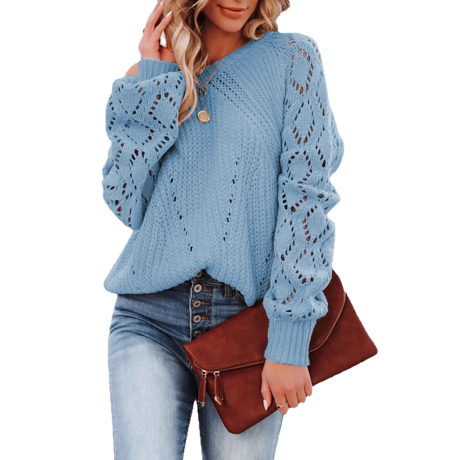 Women's 2023 White Knitted Loose Sweater with Hollow Pattern - Image 9