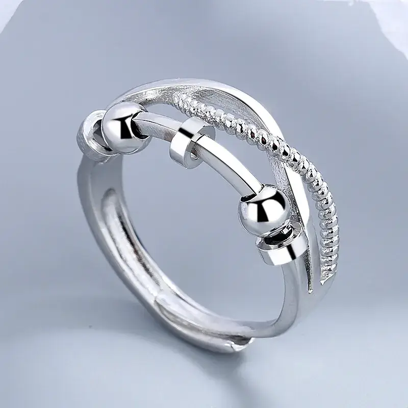 Women's Silver Plated Cross Bracelet Ring with Beaded Design - Image 3