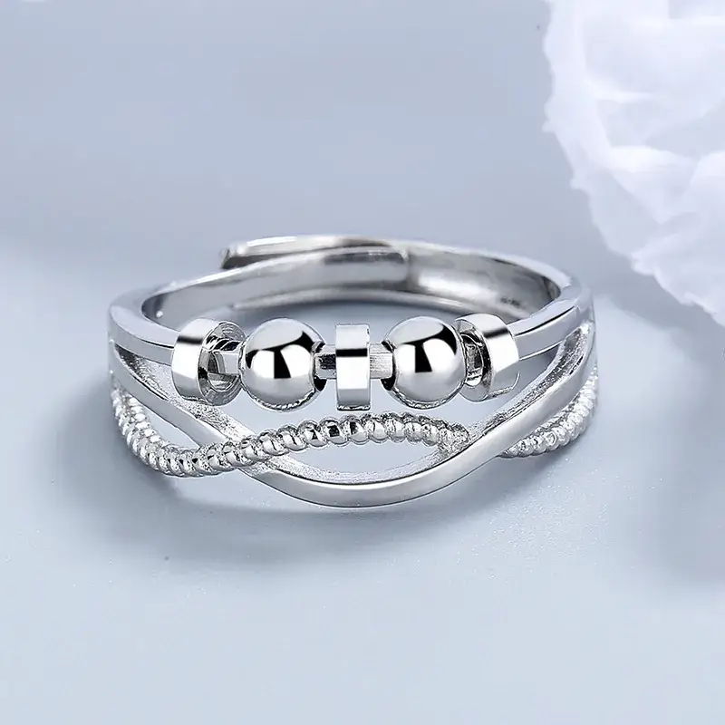 Women's Silver Plated Cross Bracelet Ring with Beaded Design - Image 4