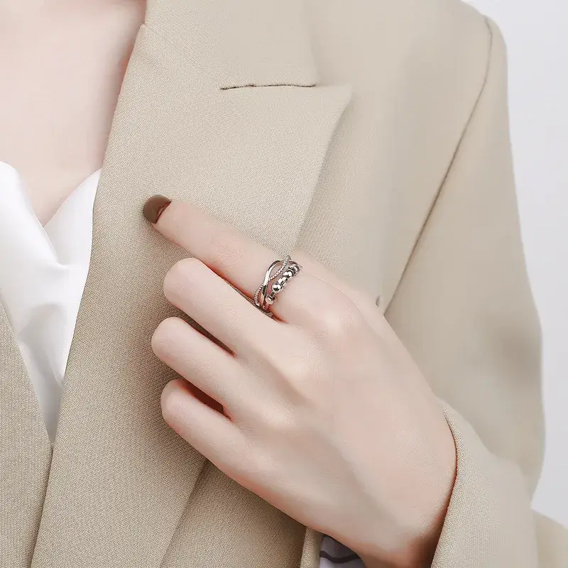 Women's Silver Plated Cross Bracelet Ring with Beaded Design - Image 5