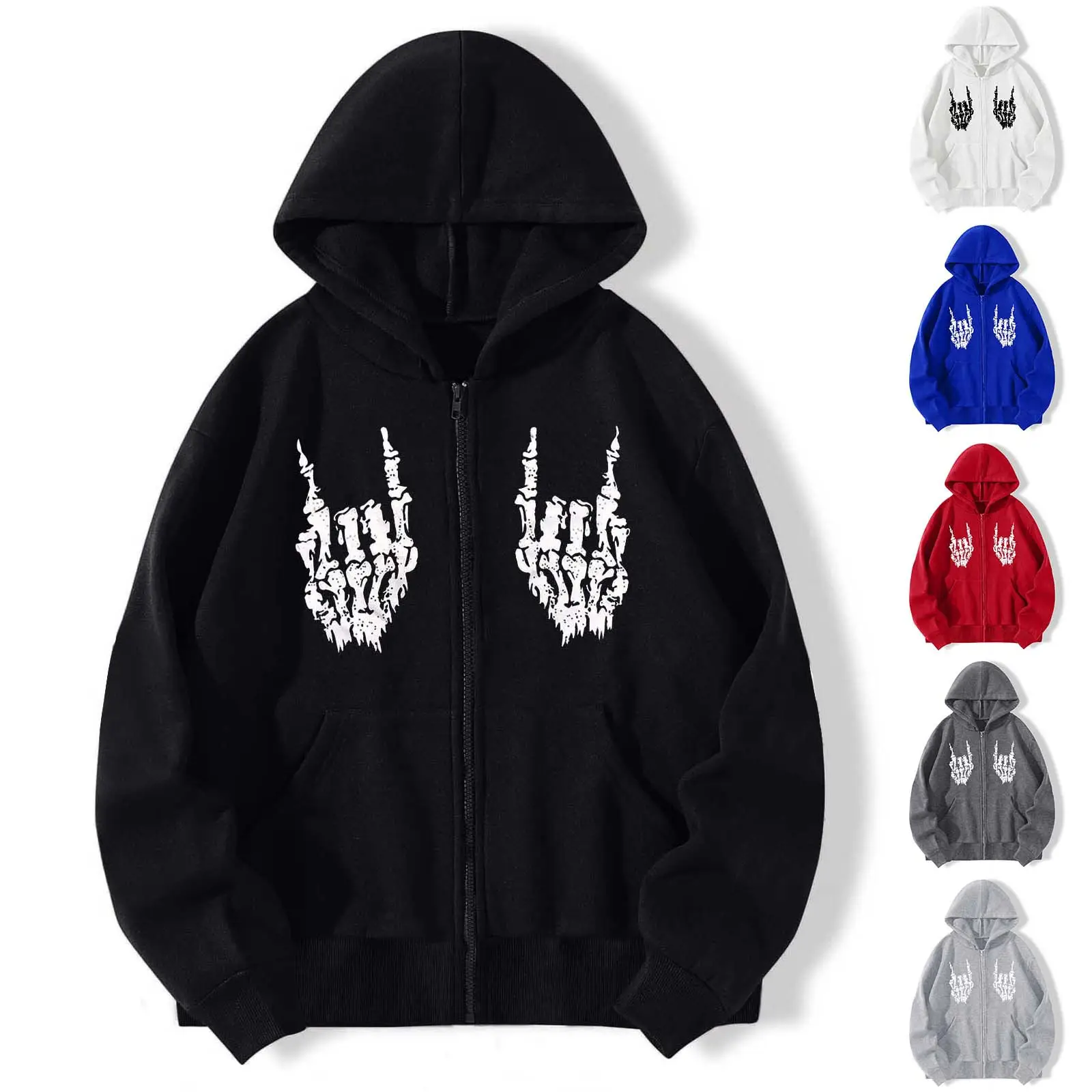 2022 Hand Bone Printed Grey Zipper Hoodie