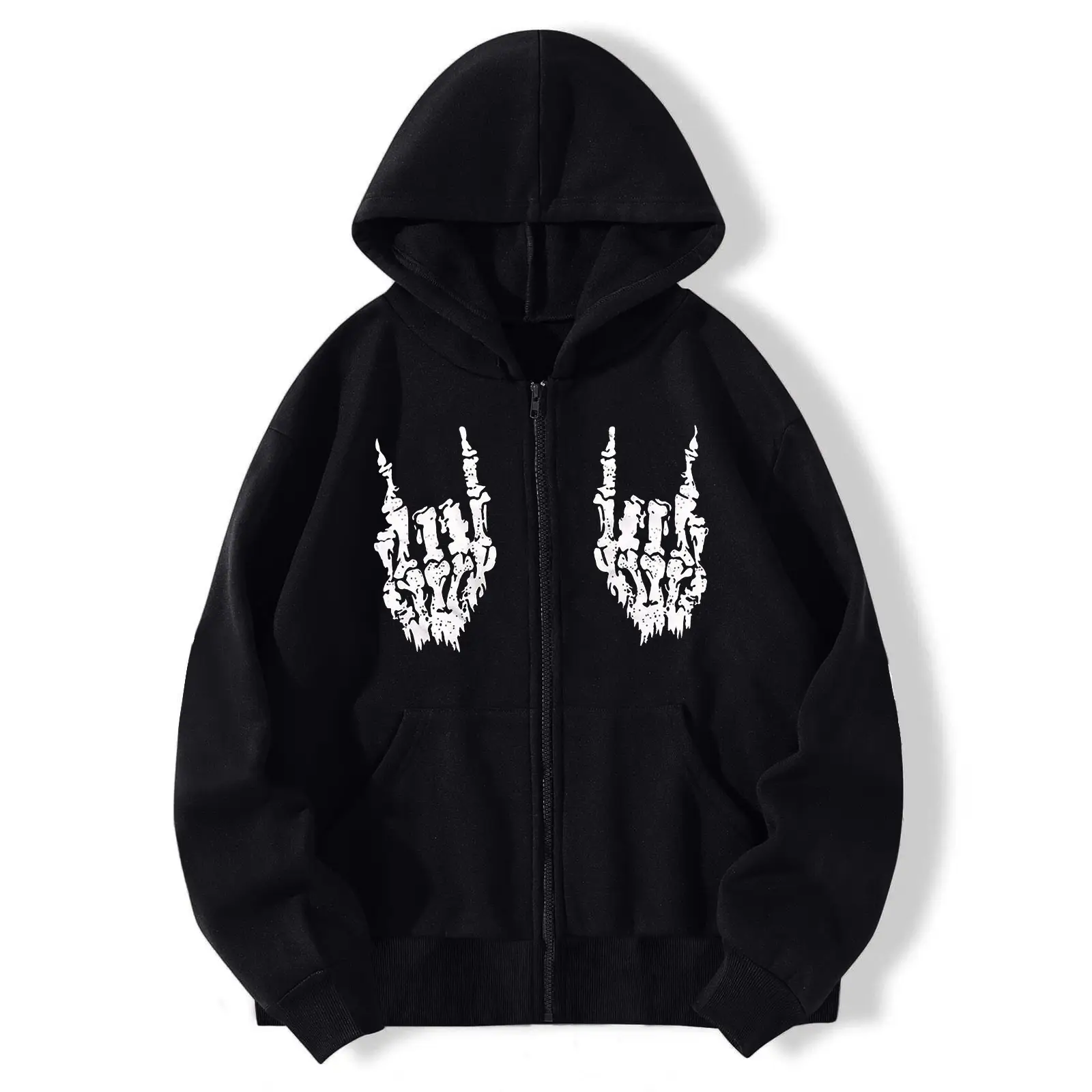 2022 Hand Bone Printed Grey Zipper Hoodie