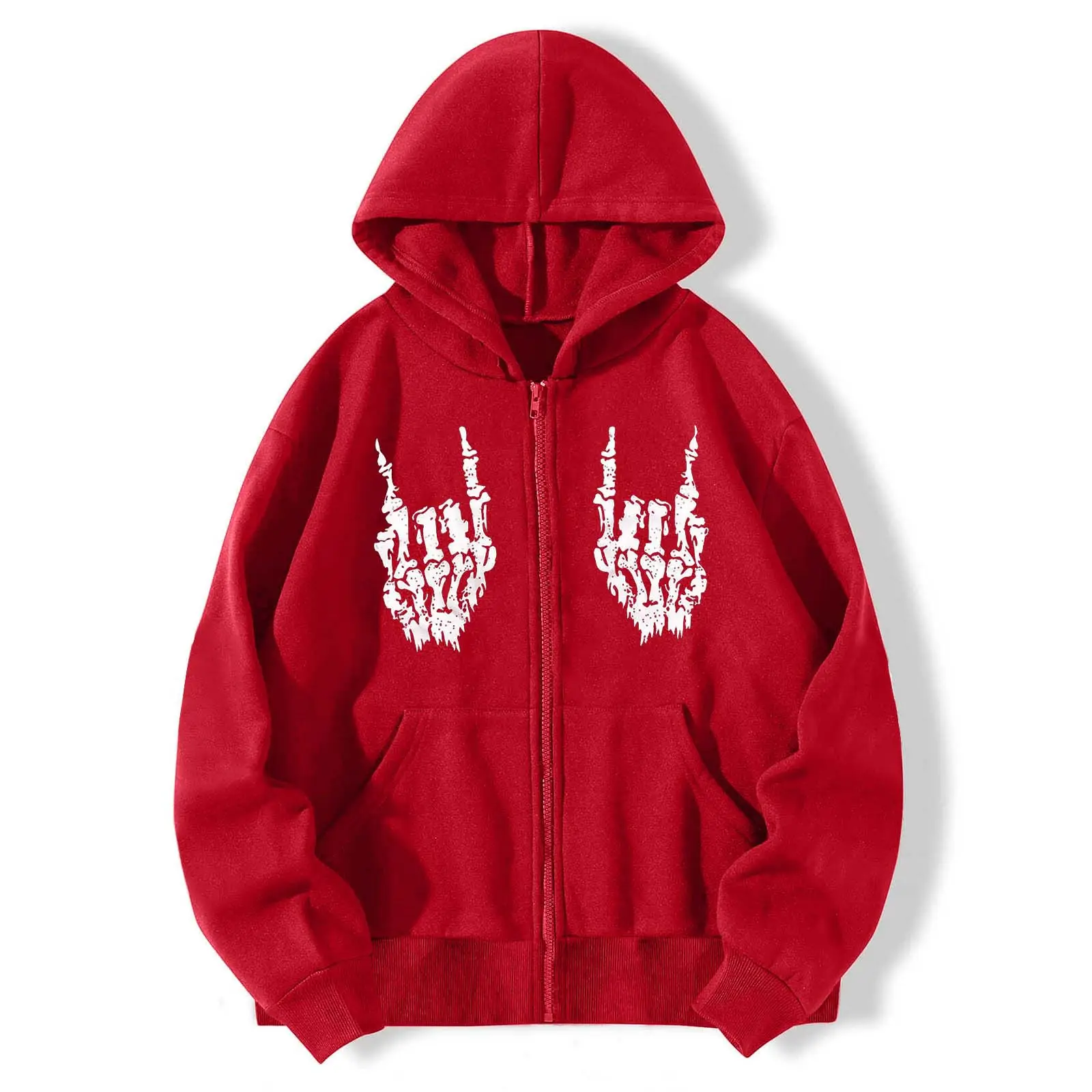 2022 Hand Bone Printed Grey Zipper Hoodie