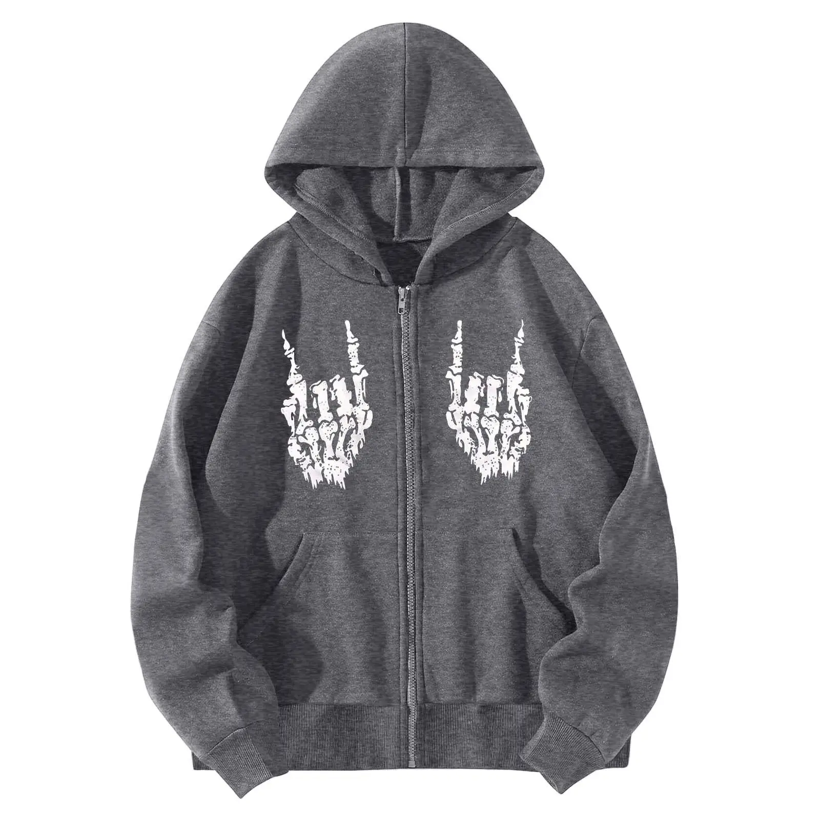 2022 Hand Bone Printed Grey Zipper Hoodie