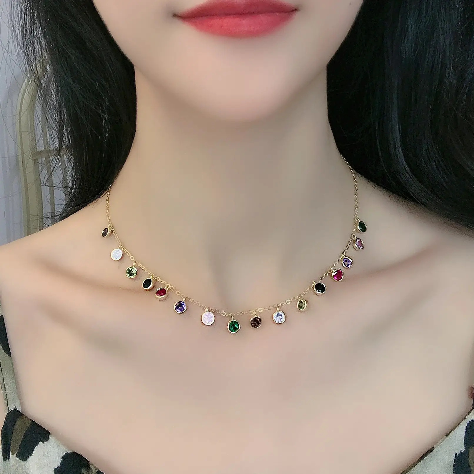 Women's Color Matching Glass Stone Necklace Set - Image 3