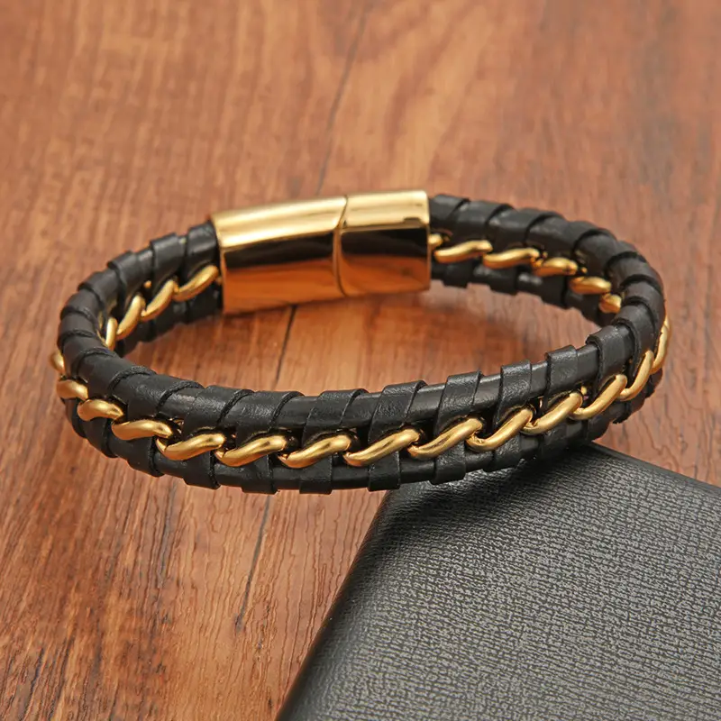 Men's Black Gold Braided Leather Bracelet with Clasp - Image 6