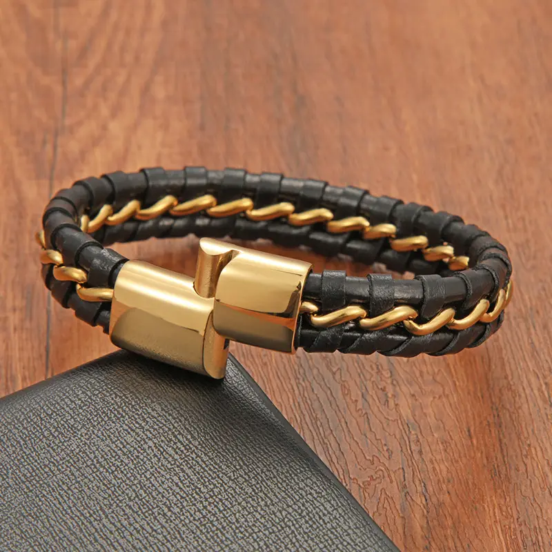Men's Black Gold Braided Leather Bracelet with Clasp - Image 7