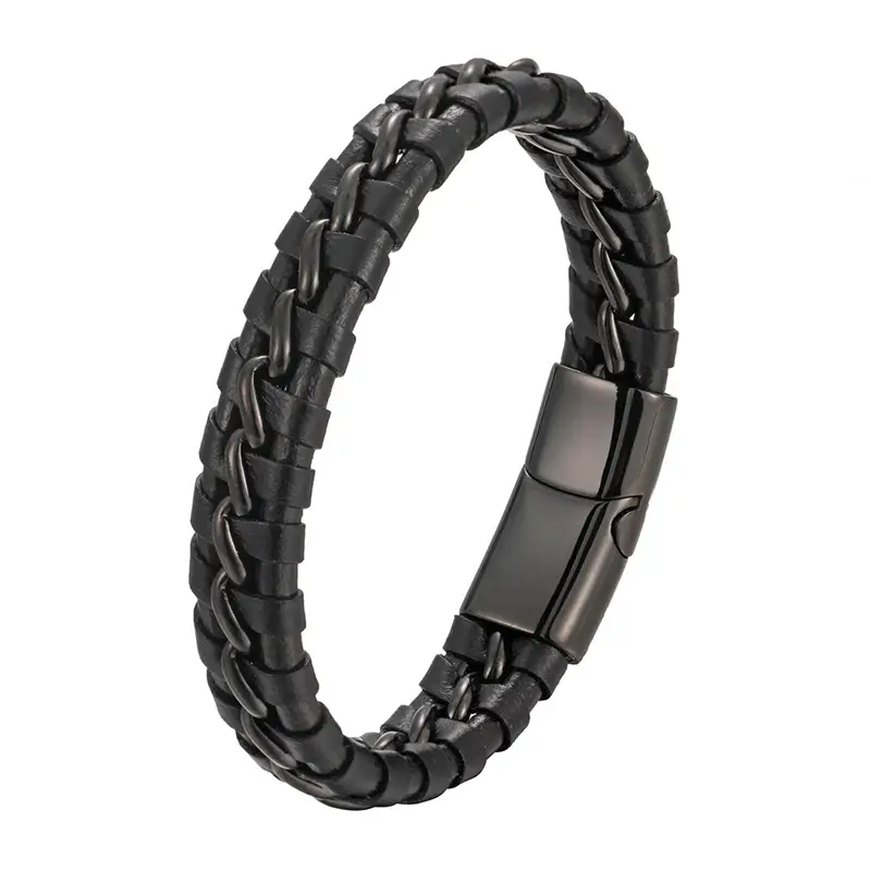 Men's Black Gold Braided Leather Bracelet with Clasp - Image 8