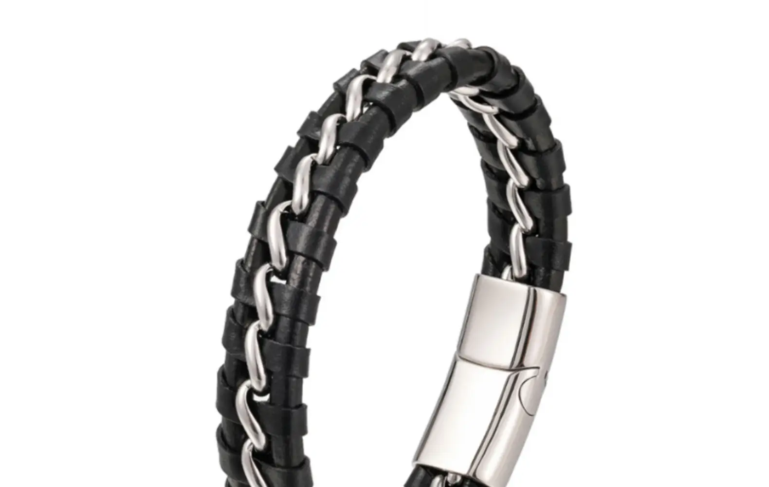 Men's Black Gold Braided Leather Bracelet with Clasp — feature 1