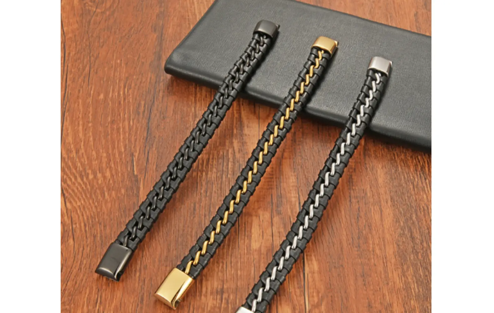 Men's Black Gold Braided Leather Bracelet with Clasp — feature 20