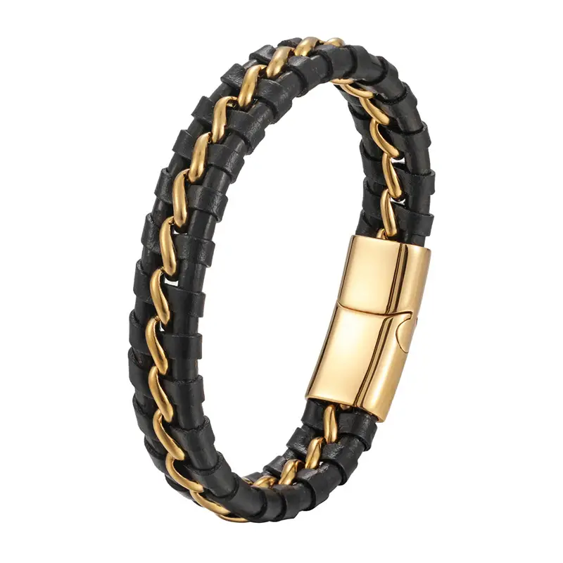 Men's Black Gold Braided Leather Bracelet with Clasp - Image 3