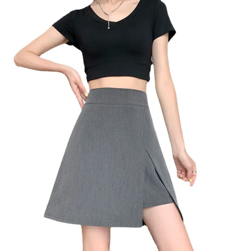 Summer Women's Grey A-Line Skirt with Slit Hip Cover
