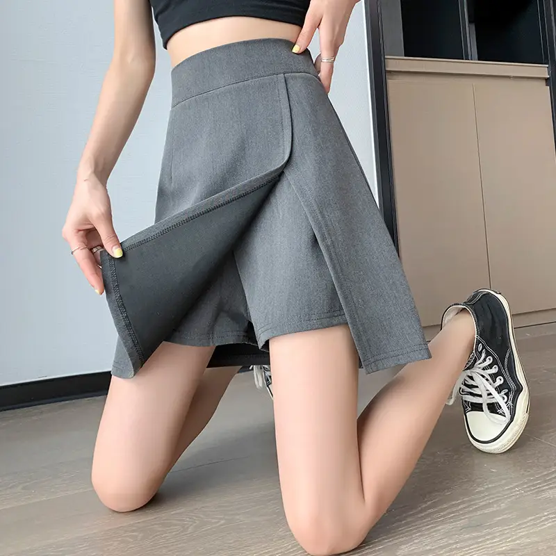 Summer Women's Grey A-Line Skirt with Slit Hip Cover