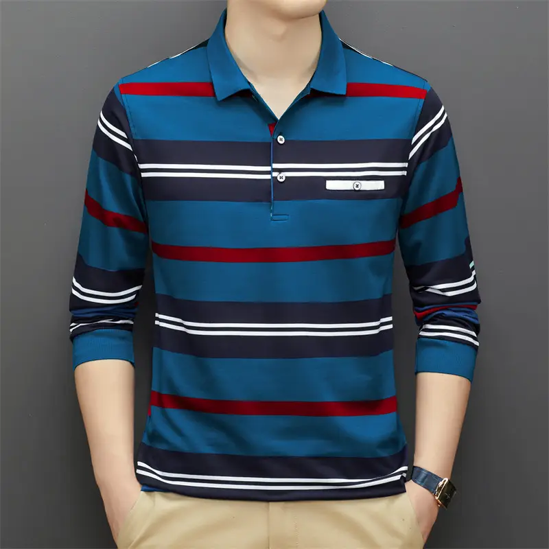 Autumn Men Striped Polo T-Shirt Long Sleeve - Image 3