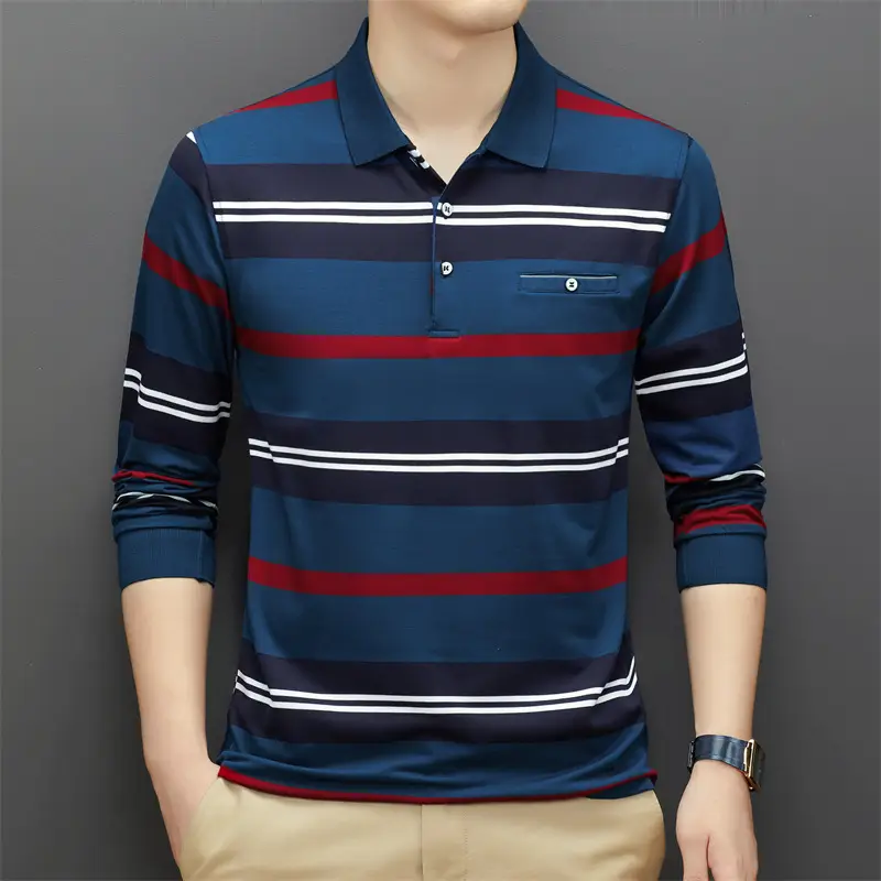 Autumn Men Striped Polo T-Shirt Long Sleeve - Image 4