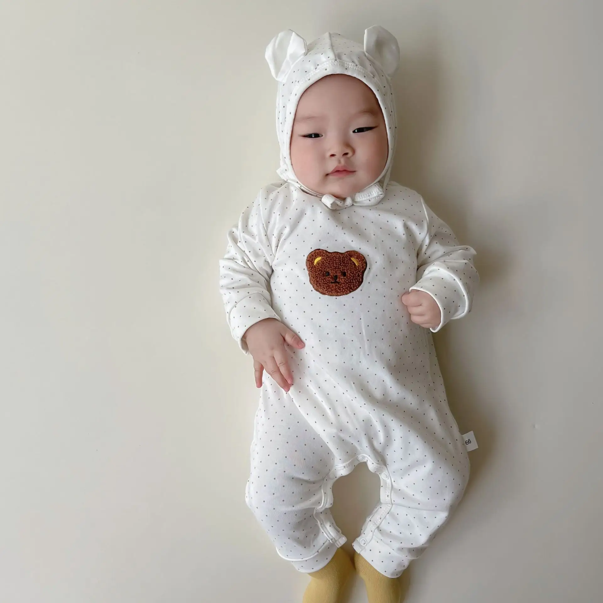 2025 Korean Style Baby Jumpsuit Brown Polka Dot Embroidered Bear - Image 2