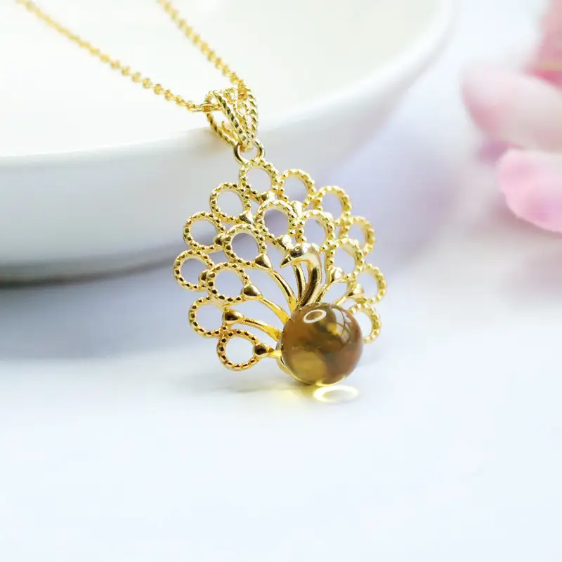 Guan Yu S925 Silver Inlaid Natural Gold Amber Pendant Necklace — feature 5