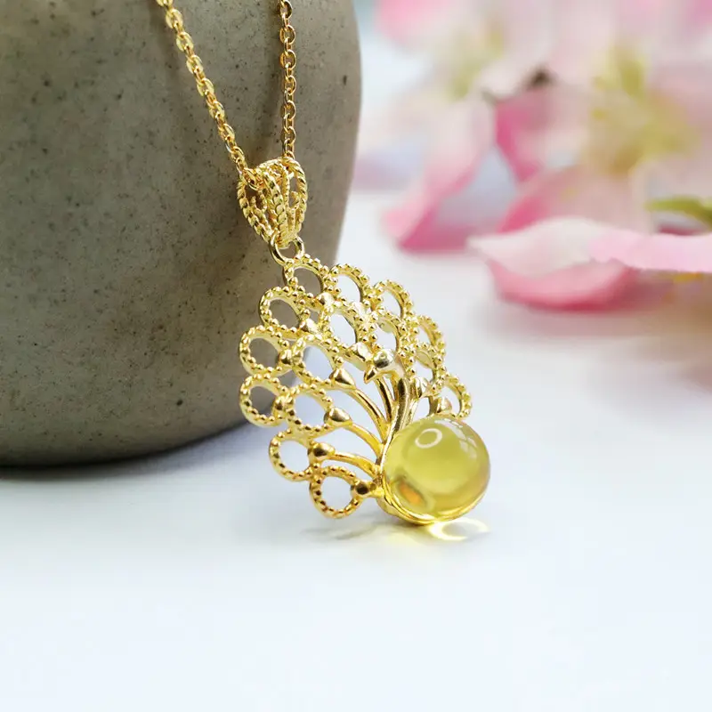 Guan Yu S925 Silver Inlaid Natural Gold Amber Pendant Necklace — feature 11