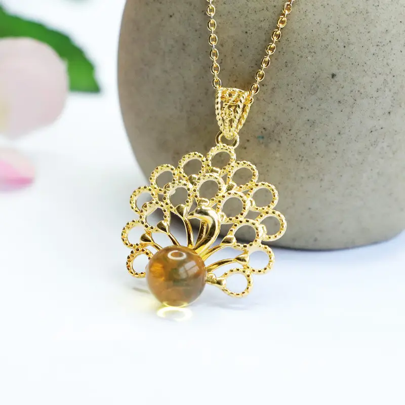 Guan Yu S925 Silver Inlaid Natural Gold Amber Pendant Necklace — feature 10