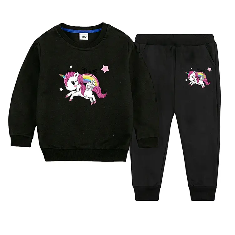Children's Unicorn Sweatshirt Pants Set Pink Black Cotton Spring Autumn — feature 11