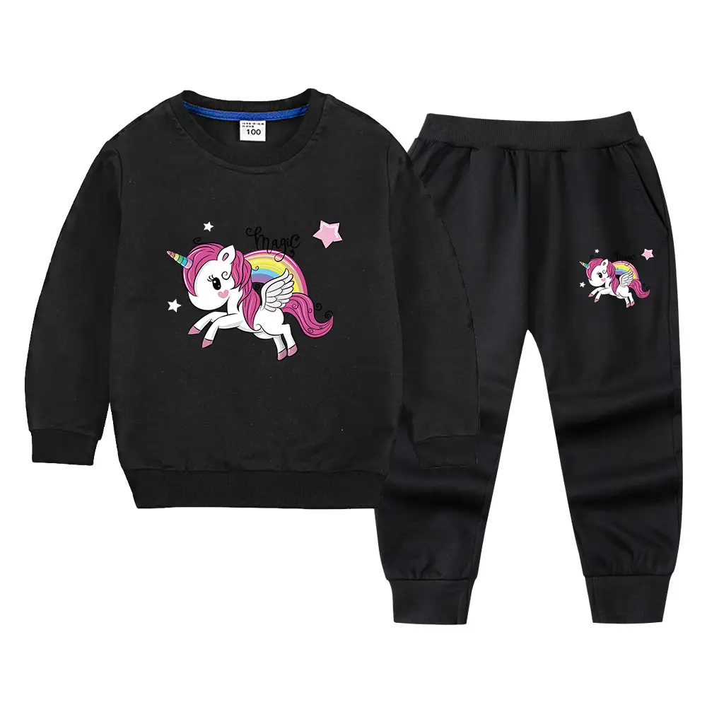 Children's Unicorn Sweatshirt Pants Set Pink Black Cotton Spring Autumn - Image 9