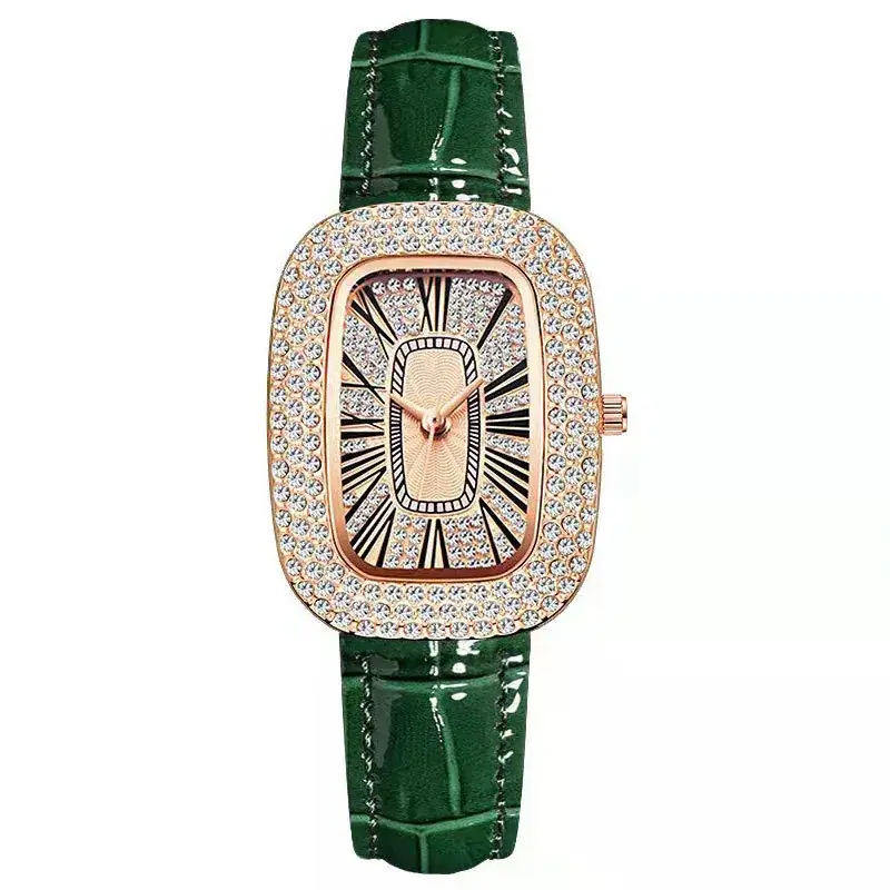 Diamond Encrusted Women's Quartz Watch Green Leather Strap - Image 8
