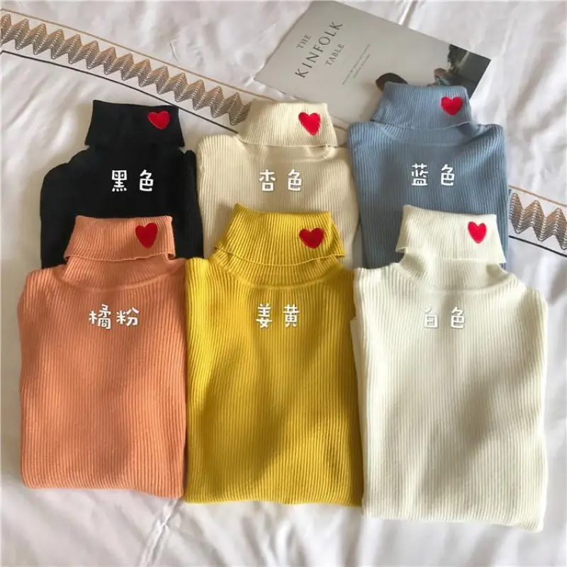 Women Turtleneck Knitwear Autumn Winter Hearts Embroidered - Image 8