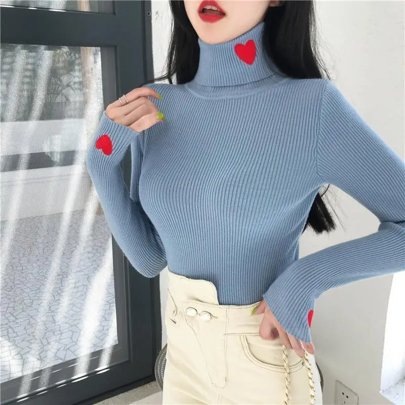 Women Turtleneck Knitwear Autumn Winter Hearts Embroidered - Image 10