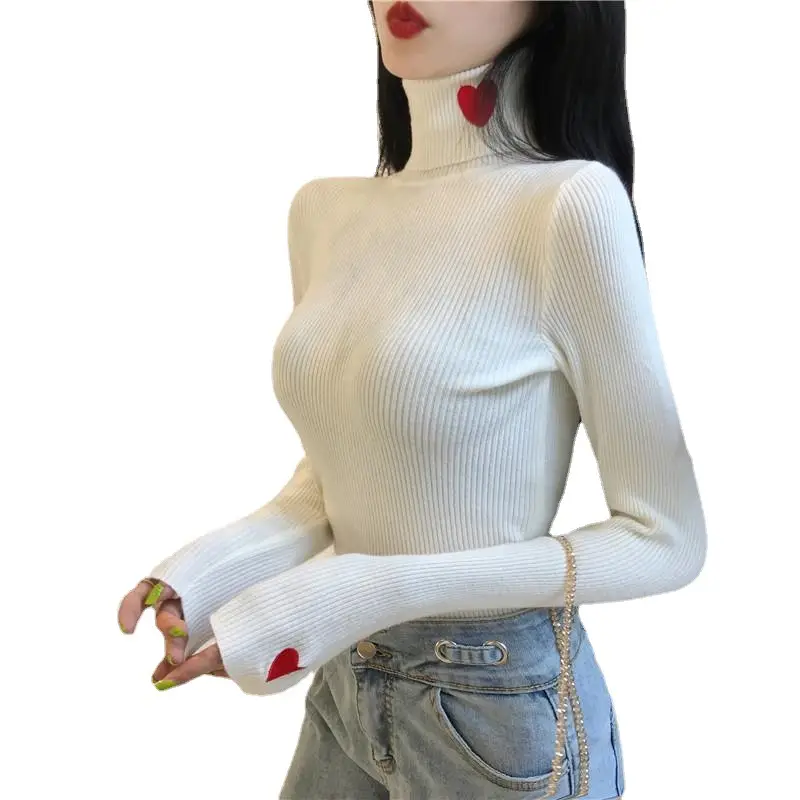 Women Turtleneck Knitwear Autumn Winter Hearts Embroidered - Image 11