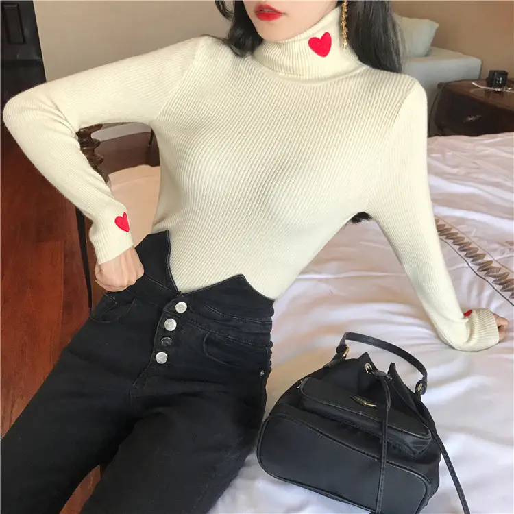 Women Turtleneck Knitwear Autumn Winter Hearts Embroidered — feature 9