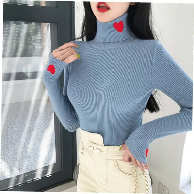 Women Turtleneck Knitwear Autumn Winter Hearts Embroidered - Image 6