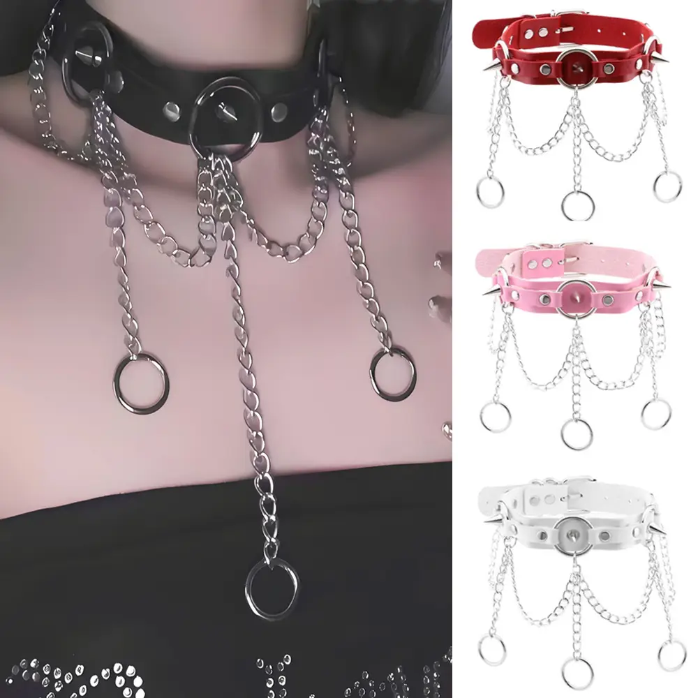 White PU Leather Cross Chain Choker Necklace with Personalized Ring Clavicle — feature 6