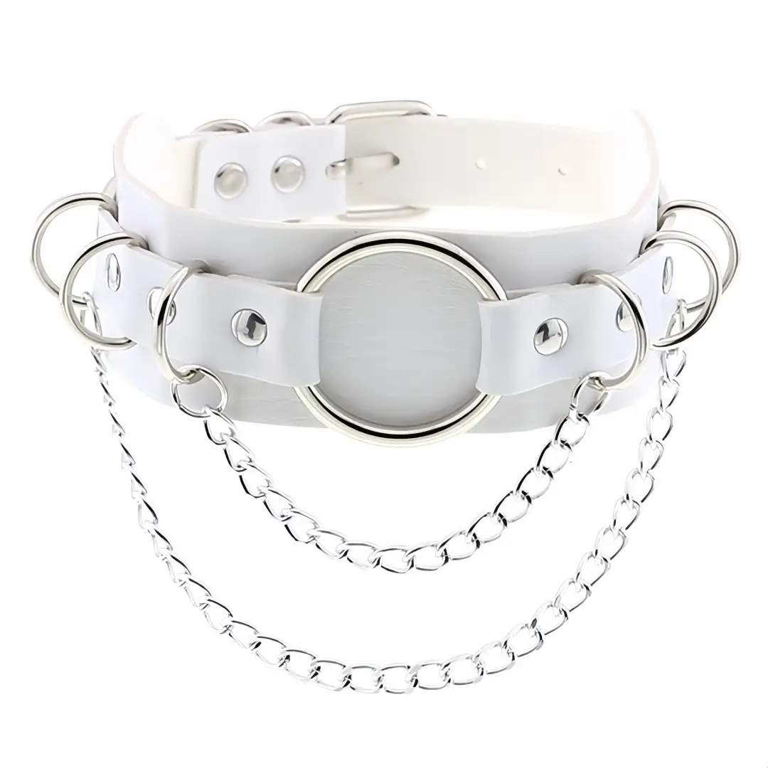 White PU Leather Cross Chain Choker Necklace with Personalized Ring Clavicle - Image 3