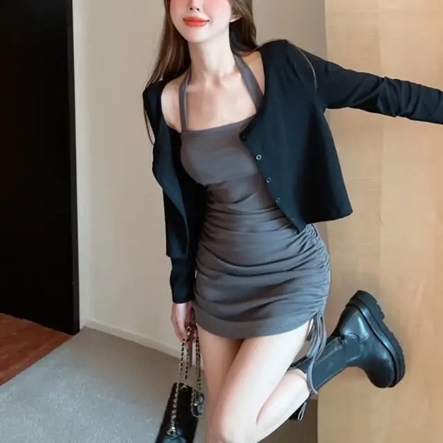 Black Slim Fit Drawstring Halter Dress for Women - Image 11