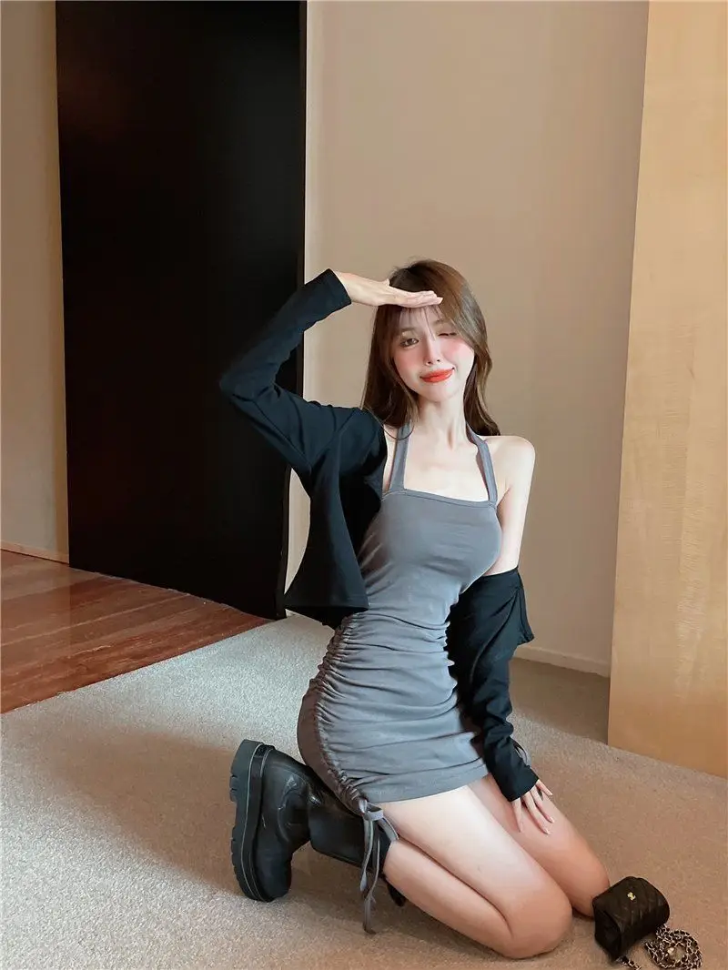 Black Slim Fit Drawstring Halter Dress for Women — feature 14