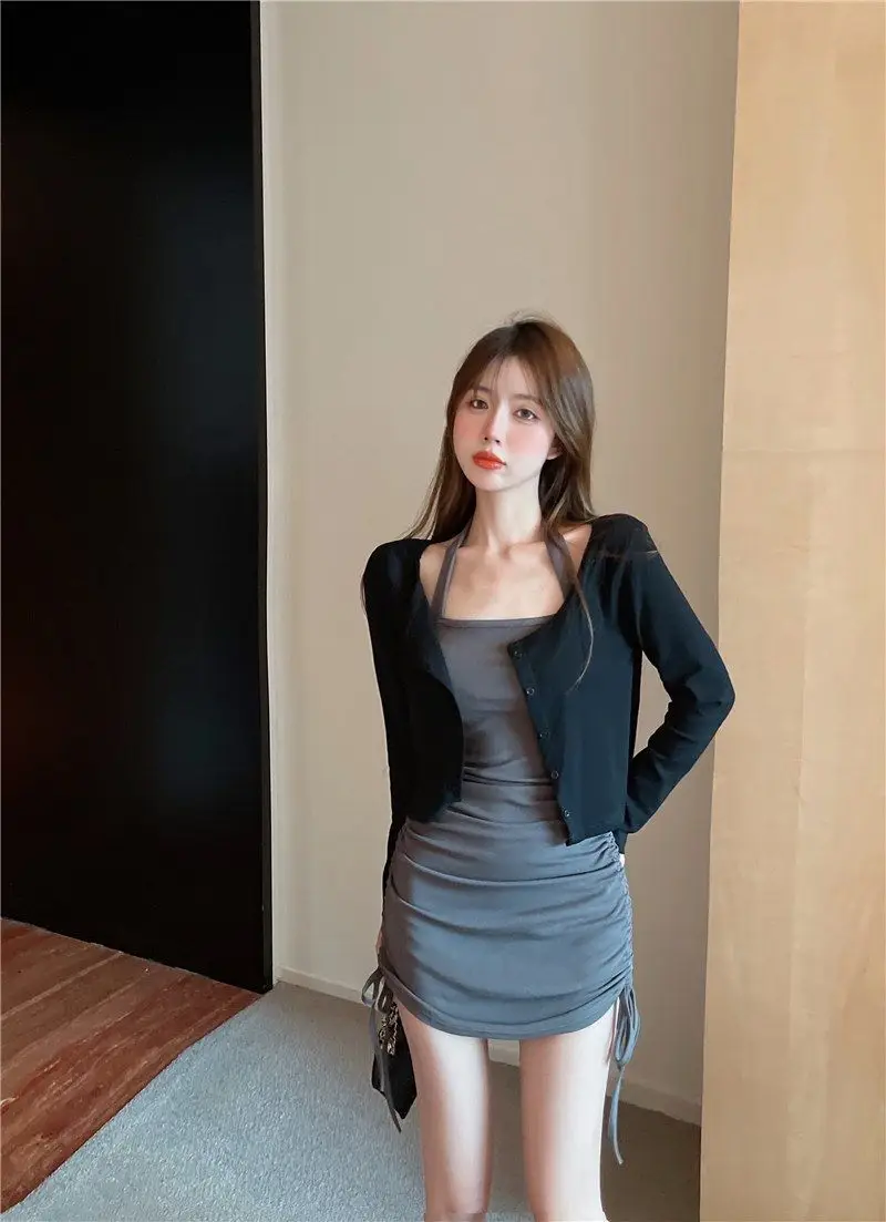 Black Slim Fit Drawstring Halter Dress for Women — feature 15