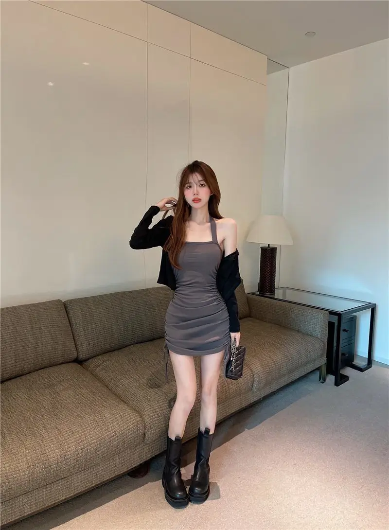 Black Slim Fit Drawstring Halter Dress for Women — feature 19