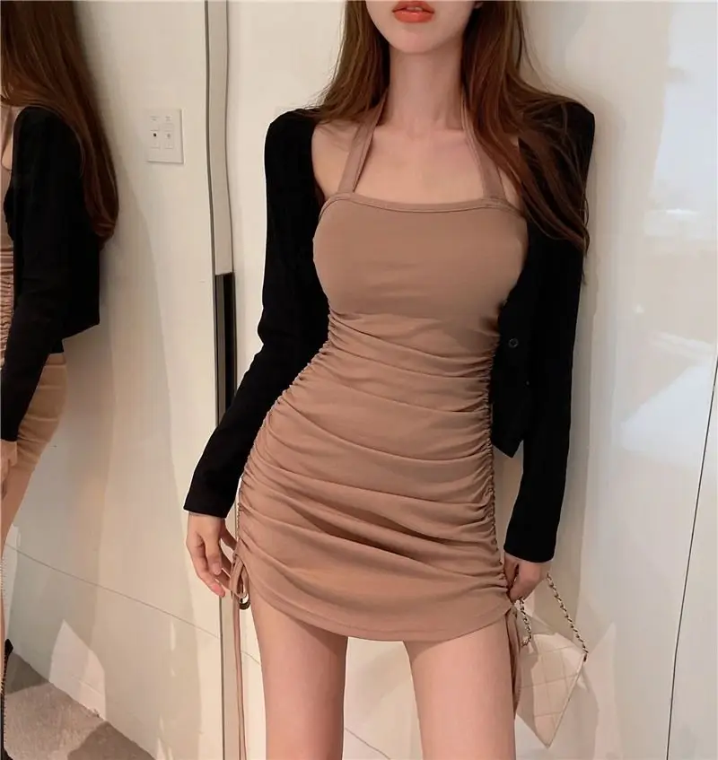 Black Slim Fit Drawstring Halter Dress for Women — feature 2