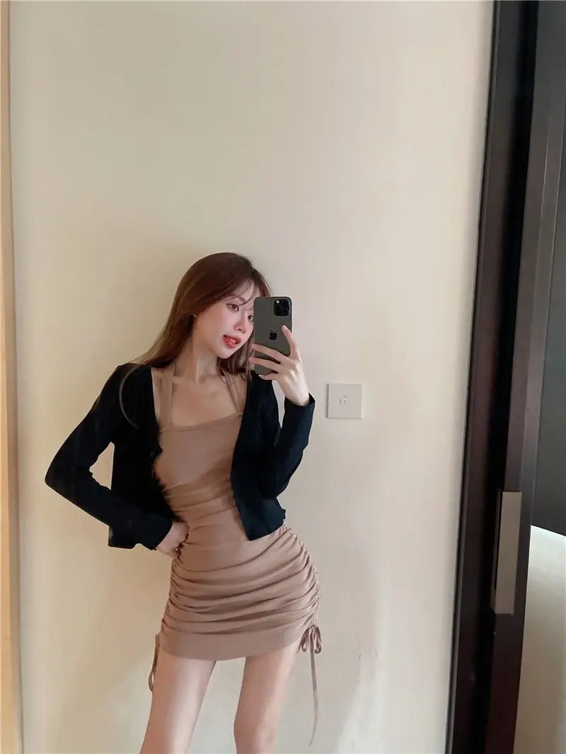 Black Slim Fit Drawstring Halter Dress for Women — feature 6