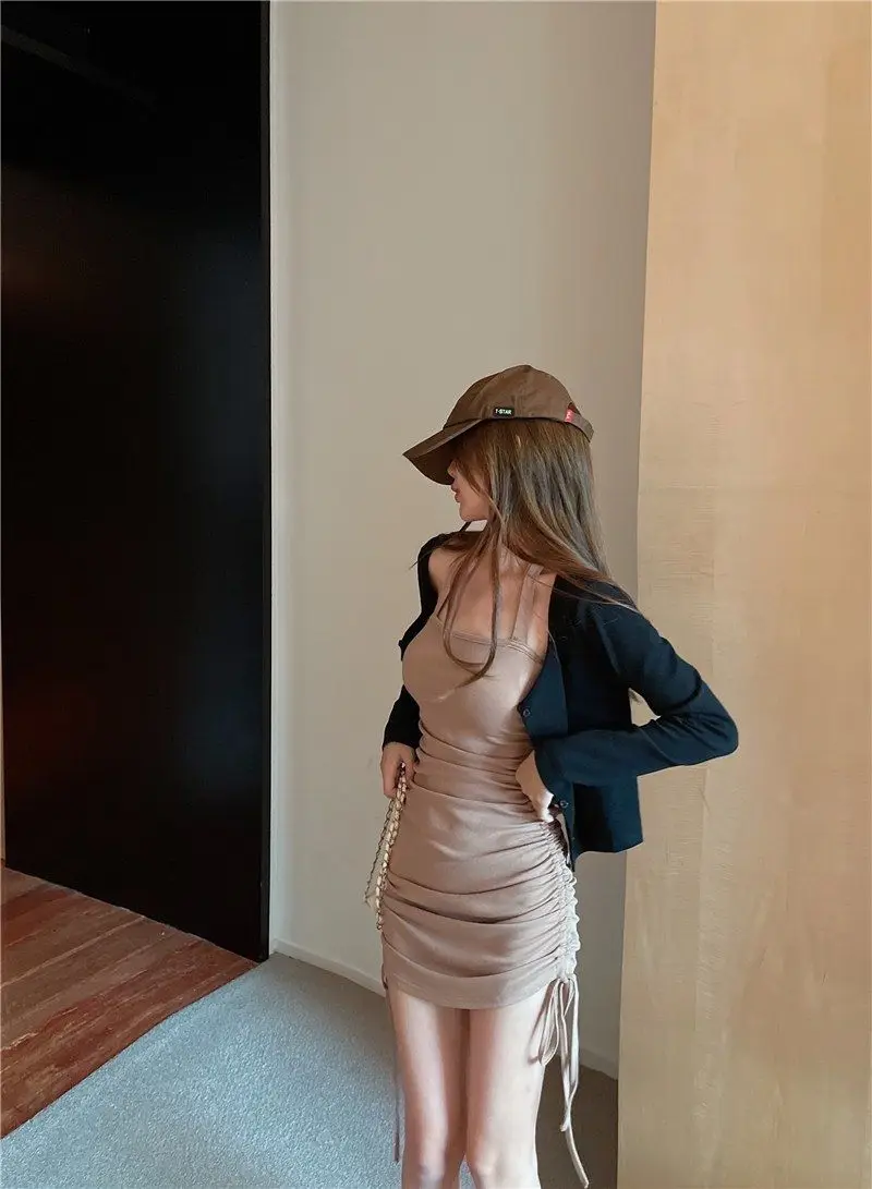 Black Slim Fit Drawstring Halter Dress for Women — feature 8