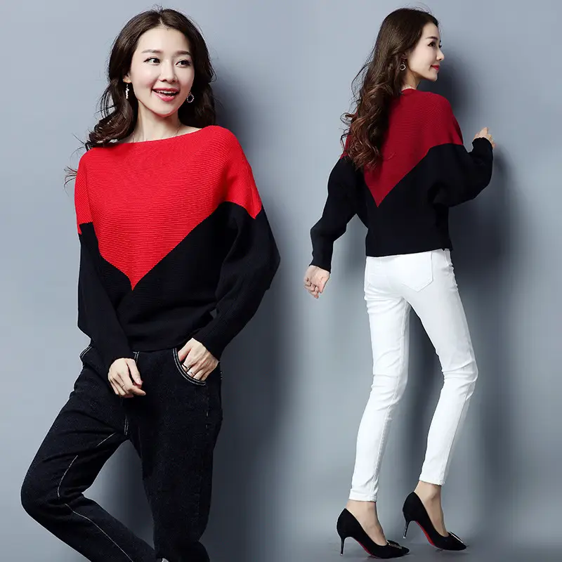 Women Red Black Sleeve Sweater Long Sleeve Pullover - Image 2