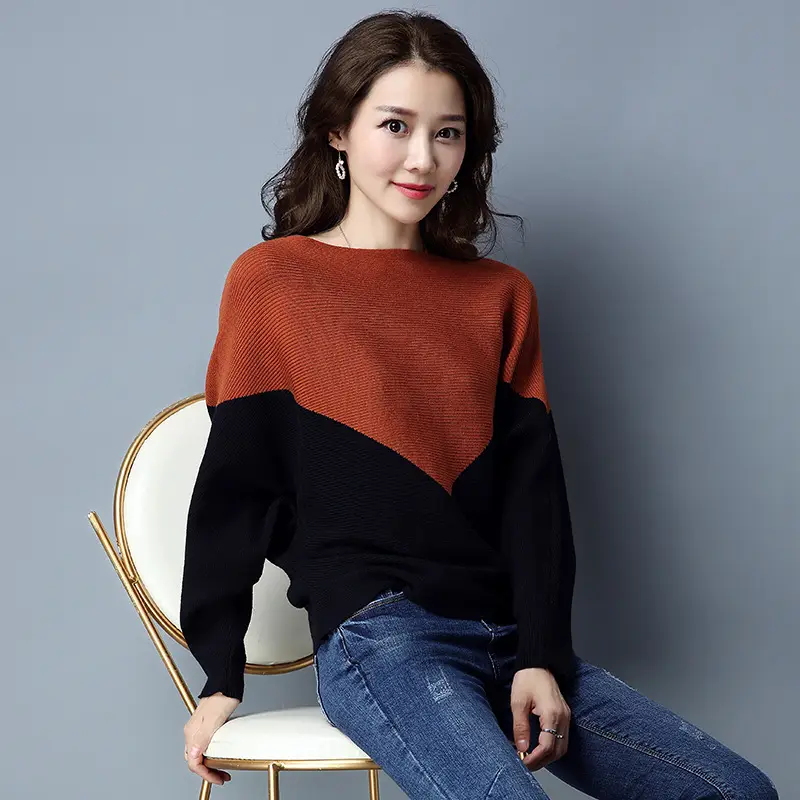 Women Red Black Sleeve Sweater Long Sleeve Pullover - Image 4