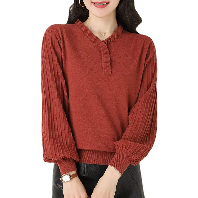 Women's Red V-Neck Knitted Sweater Autumn 2022