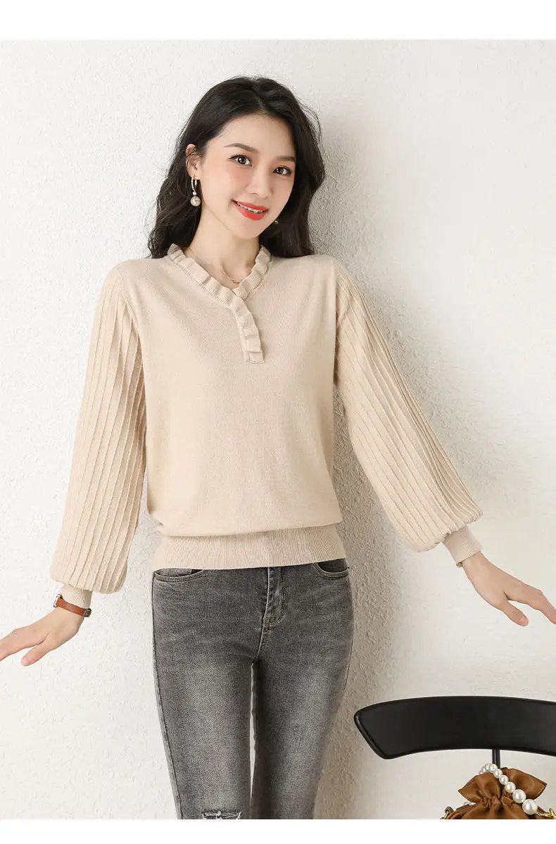 Women's Red V-Neck Knitted Sweater Autumn 2022 — feature 11