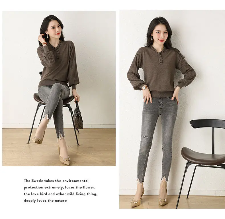 Women's Red V-Neck Knitted Sweater Autumn 2022 — feature 17